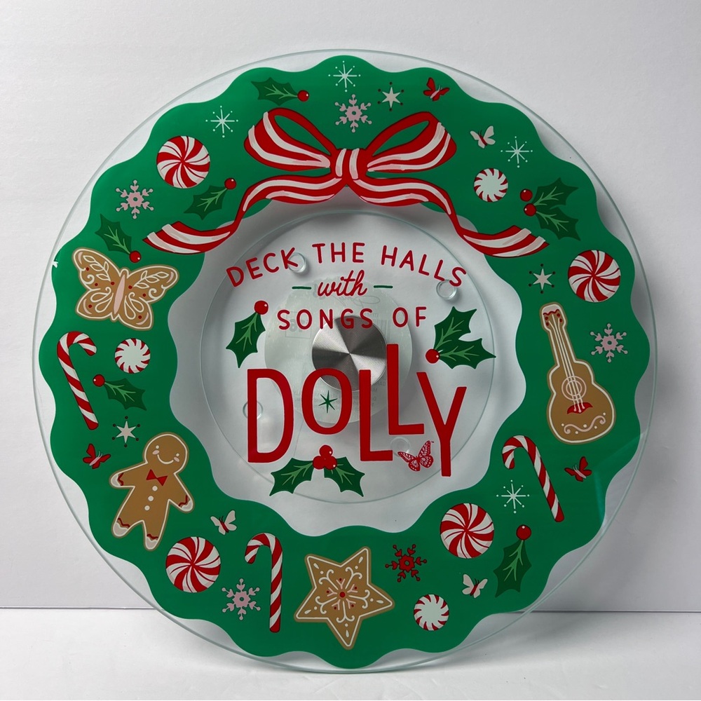 Dolly Parton Festive 12” Lazy Susan Wreath Design - Green Red Gingerbread Guitar